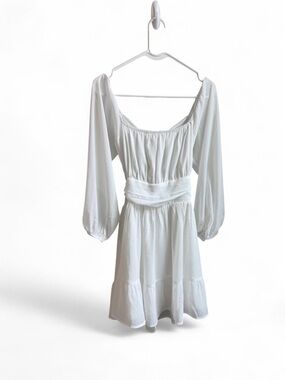 FOROLAV White Chiffon Puff Sleeve Tie-Back Mini Dress